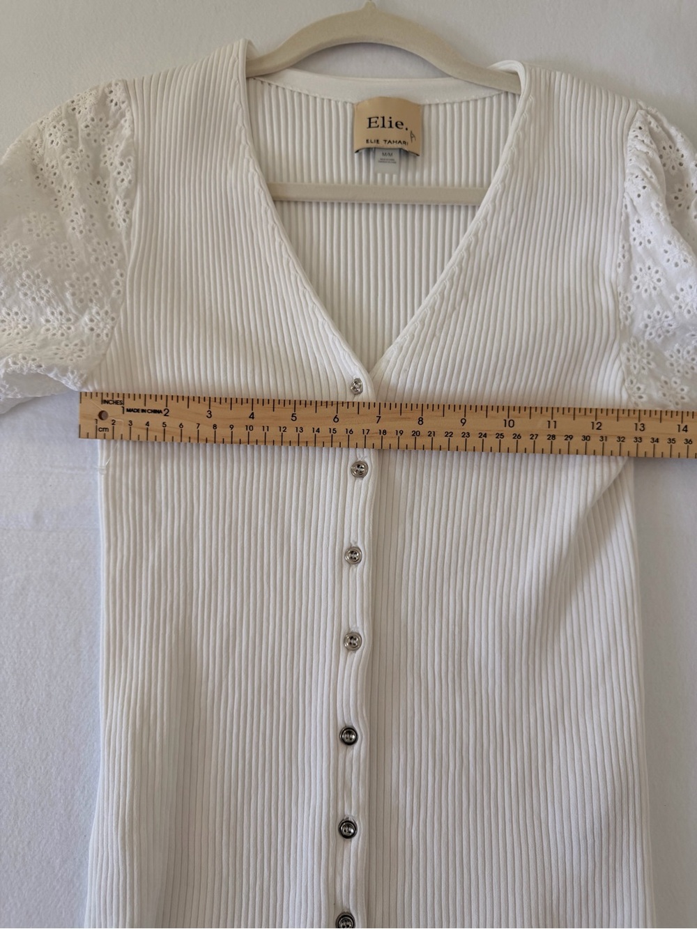 Women's Cream V-Neck Button Front Knit Top with Eyelet Puff Sleeves - Picture 7 of 10